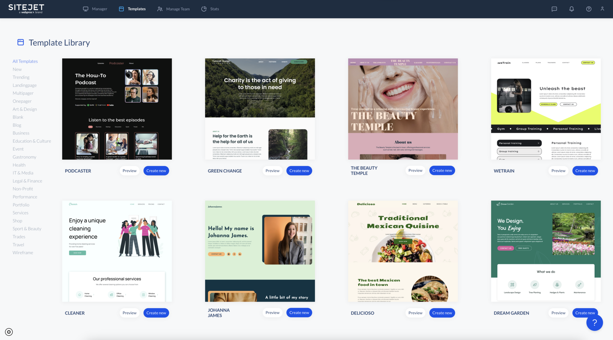 Libreria di template professionali Sitejet per creare siti web